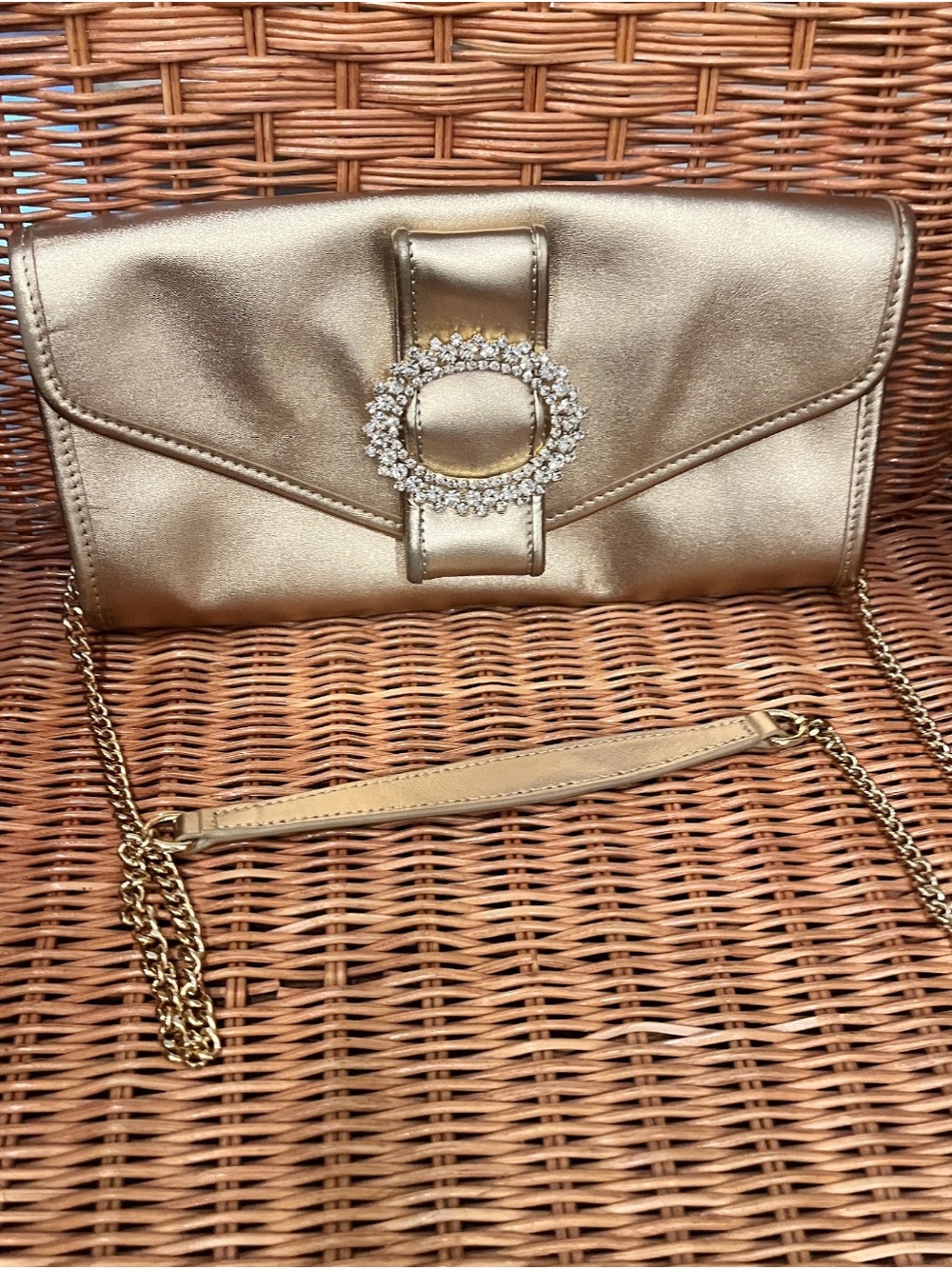 Gold Crystal Buckle Convertible Crossbody Clutch
